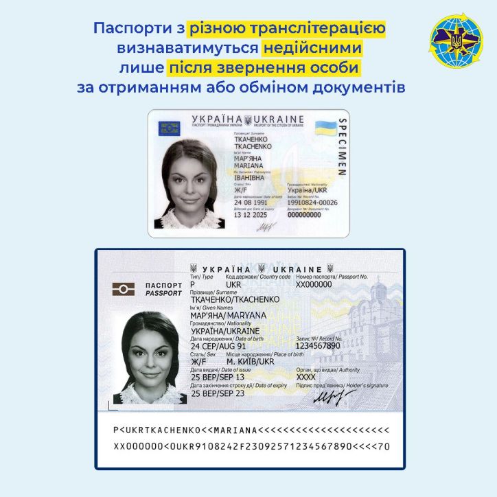 Паспорти з різною транслітерацією визнаватимуться недійсними лише після звернення особи за отриманням або обміном документів